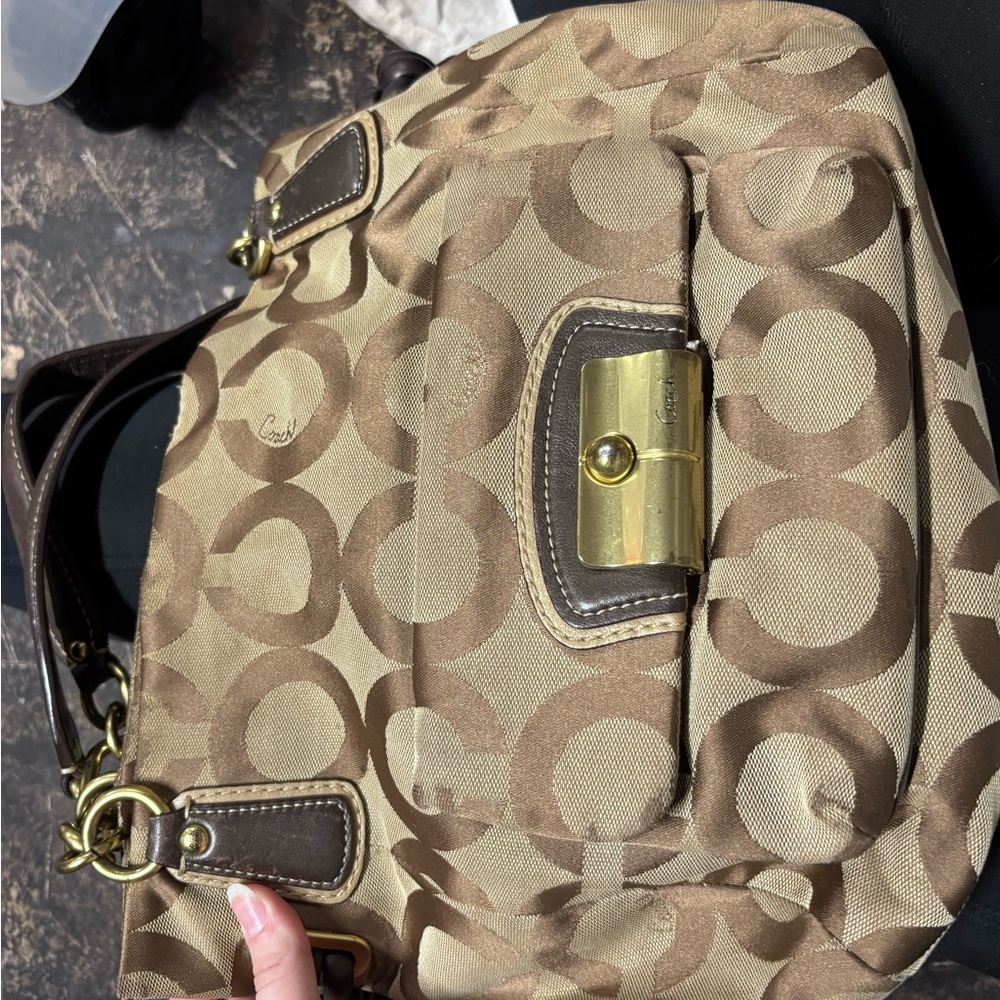 Coach Tan and Brown Signature Bag with Gold Clasp